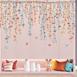 DRWSSR Calcomanía de pared de vinilo impermeable para colgar con flores y vides coloridas, diseño de mariposas voladoras, decoración para el hogar, niñas, dormitorio, habitación de niños, sala de estar, esquina de pared