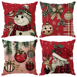 ZAEW Christmas Pillow Covers Snowman Santa Deers Christmas Bells Trees Throw Pillow Cases Set of 4 Winter Xmas Decorations for Farmhouse Home Bedroom Sofa Couch Outdoor Holiday Decor 18x18 Inch