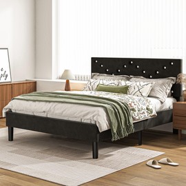 AYJOIR Queen Size Platform Bed Frame with Upholstered Headboard and Sturdy Wooden Slats Support, Mattress Foundation, Easy Assembly, No Box Spring Needed, Slip Resistant (Black, Queen)