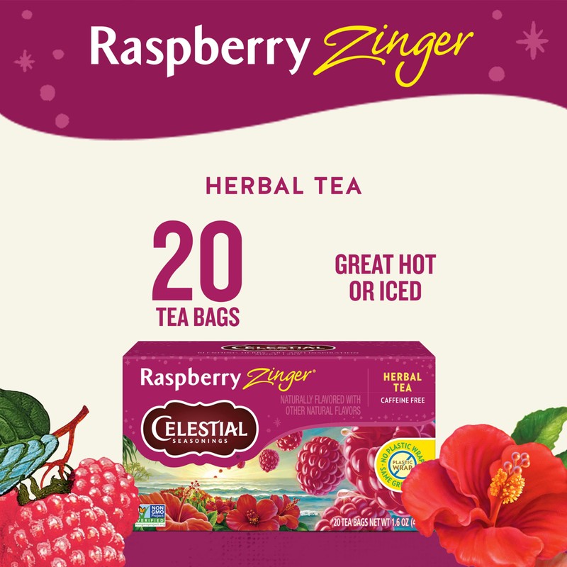Celestial Seasonings Raspberry Zinger Herbal Tea, Caffeine Free, 20 Tea