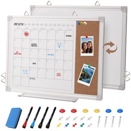 Dry Erase Calendar Whiteboard with Cork Board for Wall, Magnetic Monthly White Board 17" x 13" Double-Sided Bulletin Corkboard Wall Hanging Board for Home Office School Kitchen Planner
