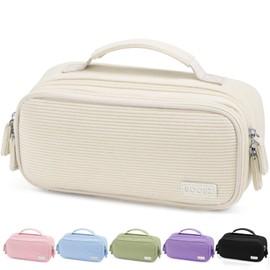 Sooez Large Pencil Case Pouch, Soft Corduroy Pencil Bag with Handle, Cute Pen Case, 5 Compartments, Wide Opening Pen Pouch Organizer with Zipper, Aesthetic School Supplies for Girls Women, Beige