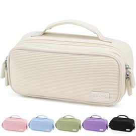 Sooez Large Pencil Case Pouch, Soft Corduroy Pencil Bag with Handle, Cute Pen Case, 5 Compartments, Wide Opening Pen Pouch Organizer with Zipper, Aesthetic School Supplies for Girls Women, Beige