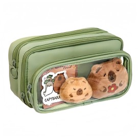 IN Chenthy Capybara Makeup Bag with Cute Plush Toy, Stickers and Pen Accessories - Large Capacity 10-Layer Divider Storage for Cosmetics, Stationery Organizer (8.46" x 3.35" x 4.92"-Green)