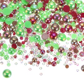 sourcing map 30g Flatback Pearls and Rhinestones 3mm-10mm Mixed Resin Half Pearl Rhinestone for Crafting Nails Clothing Shoes DIY Crafts Decoration Green Red