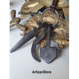 Uppsala Amulet Ring Pendant. Odin, Thor and Freyr Pendant. Hand forged Pure iron (not steel). Gungnir, Thors Hammer Mjolnir and Freys Sickle