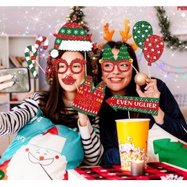 Losuya 25pcs Christmas Ugly Sweater Photo Booth Props Santa Hat Ugly Christmas Sweater Party Props Merry Christmas Party Accessories
