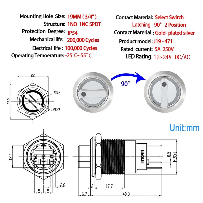 Rotary Switch 19mm 2 Positions with Red Led Light Latching