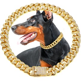 LEIFIDE Dog Chain Collar Gold 20 mm Wide Diamond Necklace for Medium Large Dogs (18 Inch)