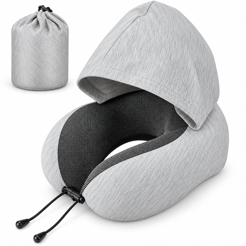 Hooded Travel Neck Pillow for Airplane & Car – U-Shaped