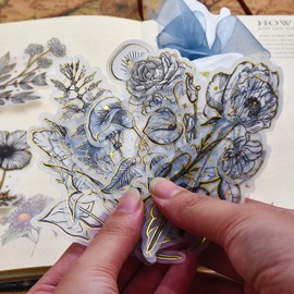 120Pcs Large Vintage Natural Black and White Stickers Gold Foil Flower Plant Aesthetic Stickers Decals for DIY Craft Scrapbook Junk Bullet Journals Collage Picture Frames Laptop Water Bottles Deco