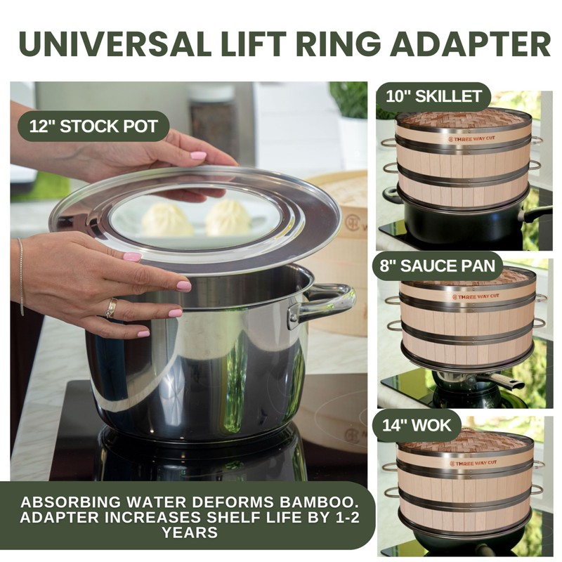2-tier 12" Bamboo Steamer with Reinforcement & Handle, Reusable Silicone
