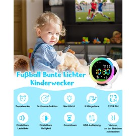 Ayybboo Football Kids Alarm Clock for Boys Girls,Children's Digital Alarm Clock with Snooze,8 RGB Night Lights,Double Alarms,12/24 Hours System,Back to School Presents for Kids 4-15