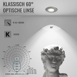 6 LED Recessed Spotlights, 10 W, Dimmable LED Spotlights, 230 V, Brushed Stainless Steel, Round Ceiling Spotlights, 5000 K, Cool White, 850 lm, 65-88 mm, Hole Size for Bedroom, Living Room