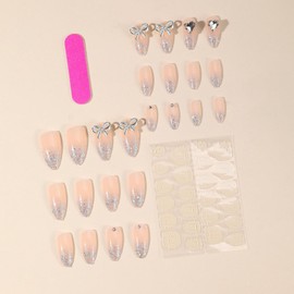 Almond Press on False Nails Nude Gradient Glitter Bow Heart Rhinestone Nail Art Nail Fake Nails Long French Tip Stick on Nail Full Cover Glossy Design for Women and Girls 24Pcs