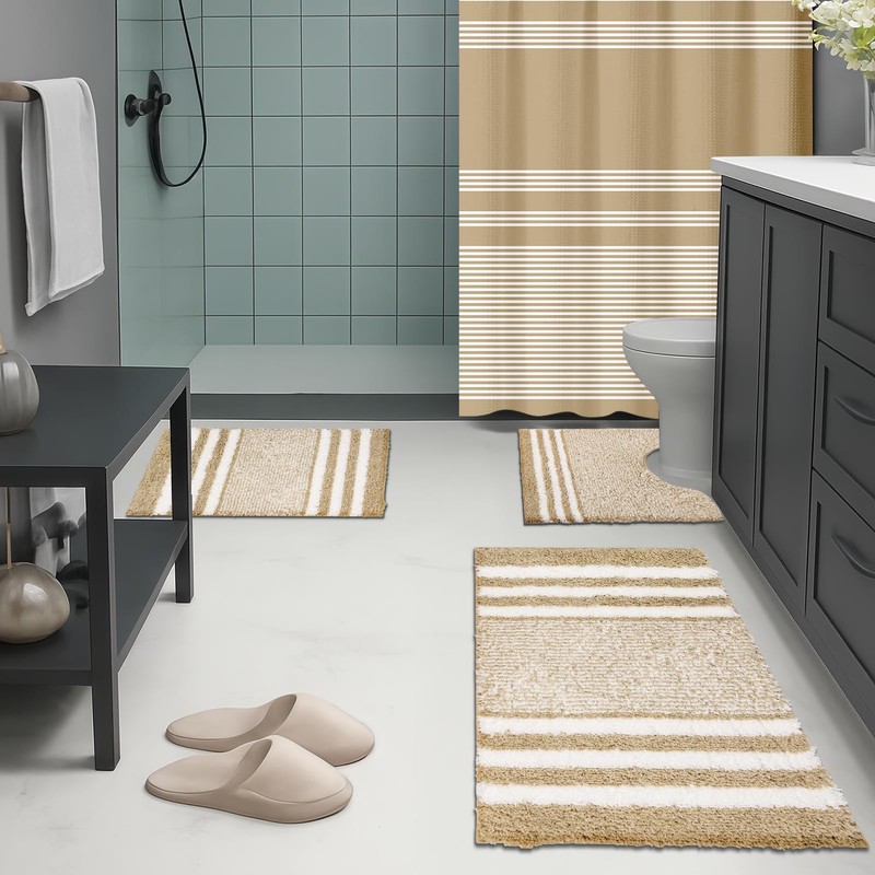 Britimes Beige Stripes Bathroom Sets with Shower Curtain and Rugs,