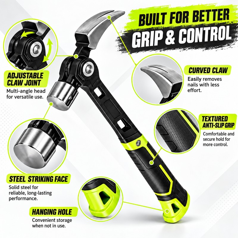 Magnetic Claw Hammer for Woodworking – Adjustable 4-Position Nail Puller