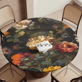 MELEYELIN Elegant Flowers Round Fitted Tablecloth with Elastic Table Cover Waterproof Wipeable, Round Elastic Tablecloth 40"-44" Circle Table Cloth for Picnic, Dining, Outdoor