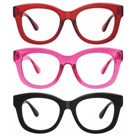 JiSoo 3 Pack Oversized Reading Glasses for Women Men 1.25, Stylish Designer Readers Women 1.25, Red+Fuschsia+Black
