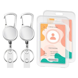 2-Pack Badge Holder with Retractable Keychain, Retractable Badge Reel ID Badge Holder Clip Retractable Lanyard, All Metal Casing with 23.6" Fiber Cord and 2 Clear Badge Holders - Silver