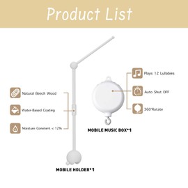 Crib Mobile Arm with Music Box,32.5 Inch White Crib Mobile Stand,Wooden Mobile Arm for Crib (2 Modes,360°Adjustable,100% Beech Wood) Baby Crib Mobile for Boy and Girl