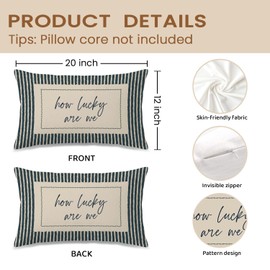 FOPENEM How Lucky are We Pillow Cover 12x20, Preppy Room Decor Aesthetic, Trendy Navy Blue Striped Inspirational Quote Decorative Pillow Cover for Home Bedroom Living Room