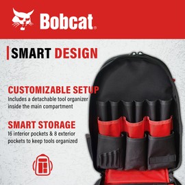 Bobcat Tool Backpack Heavy Duty – Technician Backpack for Electrician, HVAC, Construction, and Maintenance – Durable Tool Bag with Smart Storage – Black/Red