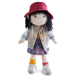 HABA 12" Soft Doll Yuki with Black Hair, Embroidered Face, Stylish Bucket Hat and Clothes - Washable Toddler Baby Doll for 18 Months+