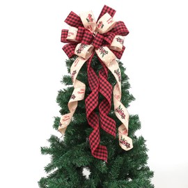 Christams Tree Topper Bow, 35 * 14inch Plaid Buffalo Bows Burlap Decorative Bows for Christmas Holiday Thanksgiving Indoor Outdoor Ornament Gift Bow