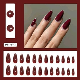 Red Press on Nails Medium Almond Fake Nails with Silver Glitter Design Glossy Ombre Red False Nails Shiny Acrylic Stick on Nails Reusable Full Cover Glue on Nail for Women Girls Manicure 24Pcs