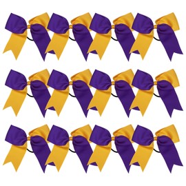 ICObuty Cheer Bows 6 Inch 2 Color Ponytail Holder Hair Tie 16 Pcs Hair Bow Cheerleader Bows Hair Tie (Purple/Gold)