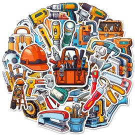 50Pcs Cartoon Tool Stickers, Funny Hammer Wrench Scissor Helmet Stickers Packs for Teens Adults Workers, Vinyl Waterproof Hardware Tool Decals for Water Bottles Notebooks Scrapbooks