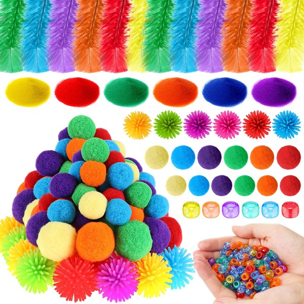 Wettarn 804 Pcs Sensory Bin Filler Sensory Toy Kit, Include Spiky Balls Soft Pom Poms Colored Sand Feathers and Acrylic Beads Box Fillers for Birthday Party, Early Education, Classroom Prize