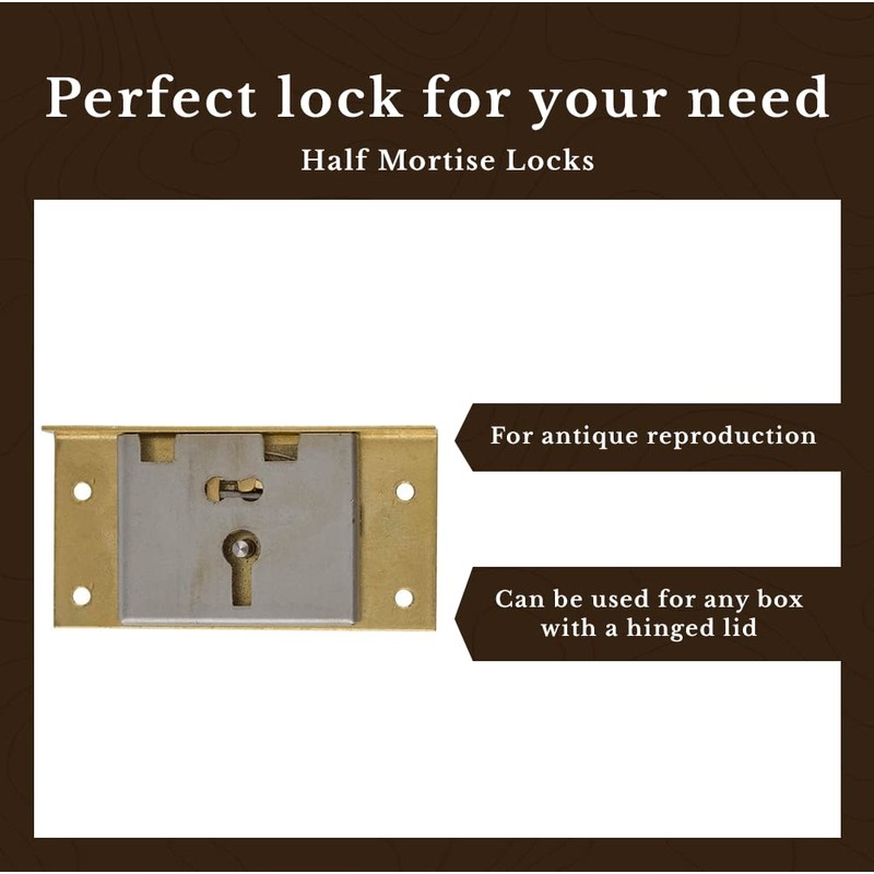 Large Brass Half Mortise Chest or Box Lid Lock w/Skeleton