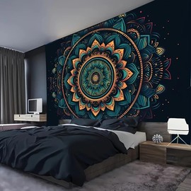 FENDROM Cool Colorful Mandal Tapestry Popular Handicrafts Indian hippie Bohemian Wall Hanging Psychedelic Floral Mandala Wall Art For College Dorm Beach Throws Table Cloth Bedding Tapestry