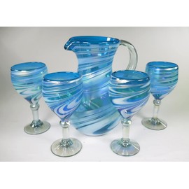 Eye4Art Hand Blown Wine Glasses and pitcher Turquoise White Swirl, set of 4 recycled glass, handmade