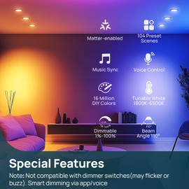 Linkind Matter Smart Light Bulb,1200LM BR30 Flood Light Bulbs Work with Alexa, Apple Home, Google Home, RGBTW Recessed Color Changing Bulbs, 2.4GHz WiFi Light Bulbs LED, A19 E26, 2Pack