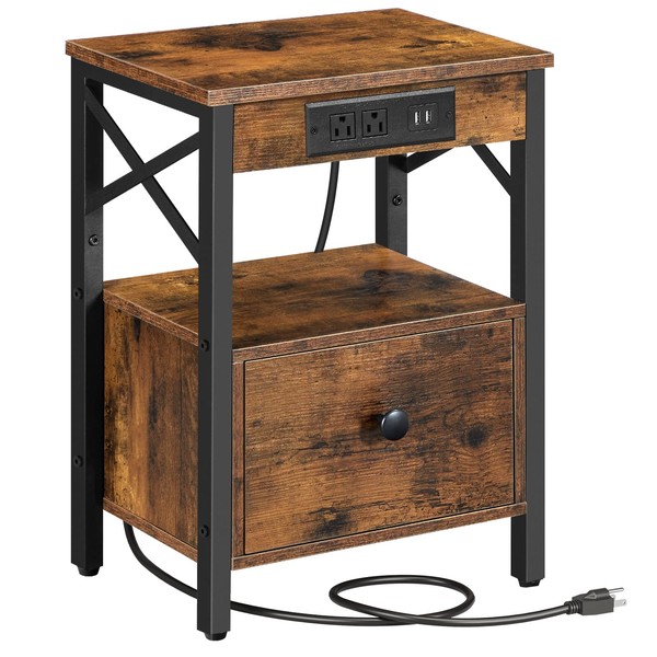 HOOBRO Nightstand with Charging Station, End Table with Drawer, USB