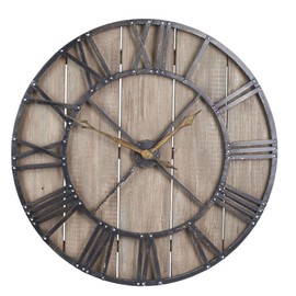 Household Essentials Large Oversized Decorative Rustic Wall Clock, Brown Wood/Black Metal