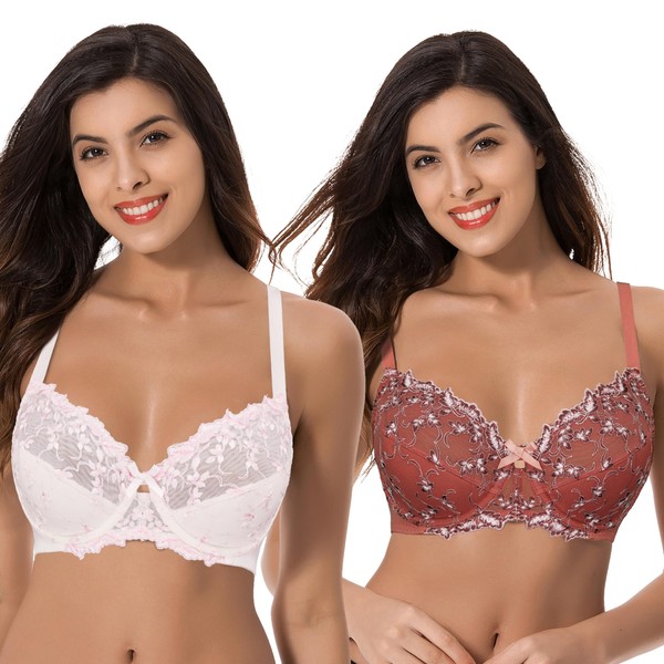 Curve Muse Women's Lightly Padded Underwired Embroidery Lace Bra Pack