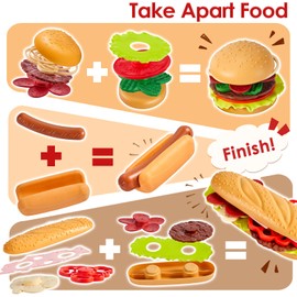 BUYGER Pretend Play Food Sets for Children Kitchen, Plastic Take Apart Toys Hamburger Fast Food Playset Kids Kitchen Accessories Role Play Toys for 3 4 5 Years Old Kids Boys Girls