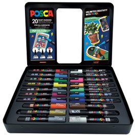 Uni-Ball 186831 POSCA Marker Set, 20 Acrylic Pens in Case, Marker Set Pop Colours, Tip PWE5M 1.8-2.5 mm