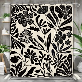 Yookeb - Cortina de ducha abstracta de flores de Matisse de 60 W por 71 pulgadas de alto, estilo retro de los años 70, funky negro, blanco roto, minimalista, neutro, clásico, poliéster, 12 ganchos de