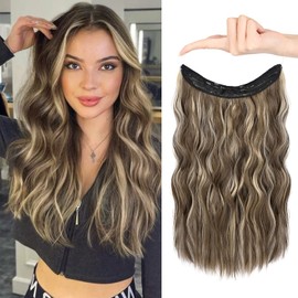 HOOJIH Wire Hair Extensions with 2 Removable Clips 20 Inch Wavy Curly Ombre Wire Hair Invisiable Transparent Wire Hair Extensions Hairpieces for Women - Medium Brown Ash Blonde Highlights
