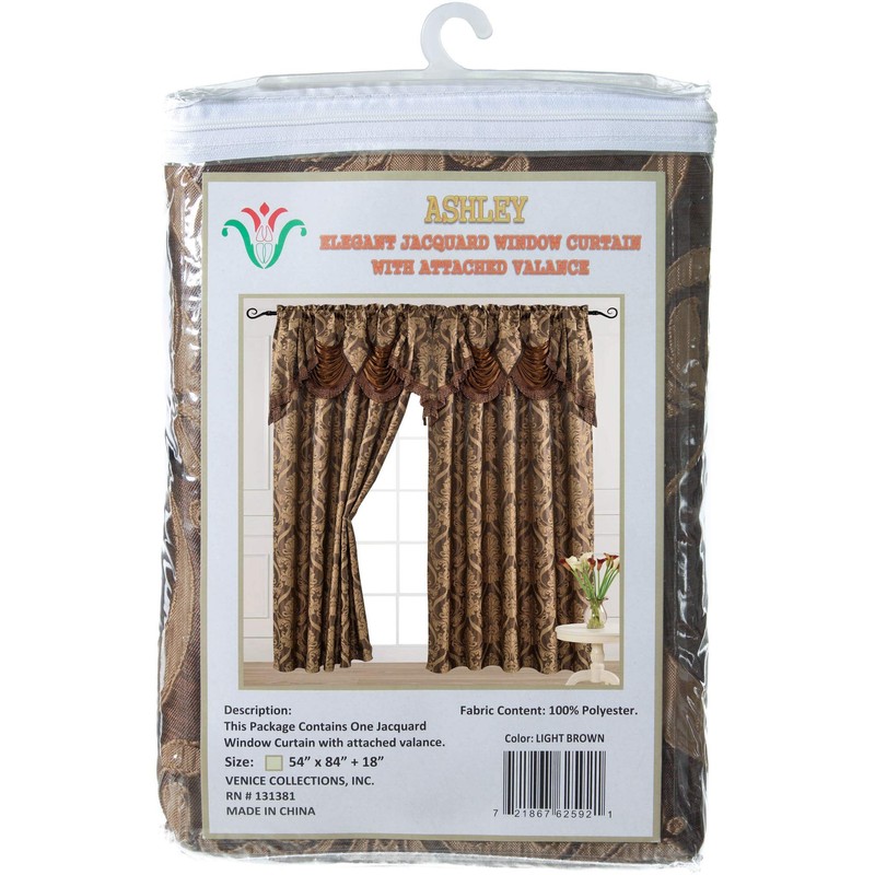 V Luxury Jacquard Curtain Panel with Attached Waterfall Valance, 54