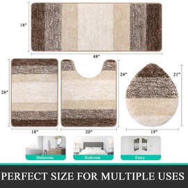 Bsmathom Bathroom Rugs Sets 4 Piece with Toilet Cover, Plush Shaggy Bath Rugs Set Non Slip Washable, Absorbent Microfiber Bath Mat with U-Shaped Contour Toilet Mat for Bathroom, Dark Coffe