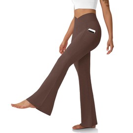 DLOODA Women's Flare Leggings with Pockets-Crossover High Waisted Bootcut Yoga Pants-Tummy Control Bell Bottom Leggings Brown