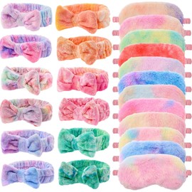 24 Pcs Sleepover Party Favors for Teenager Girl, Spa Headband for Washing Face Bow Makeup Headbands, Plush Sleep Eye Mask for Single Women Spa Pajama Party