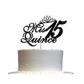 Mis Quince - Decoración para tartas con purpurina de quinceañera, 15 ideas de decoración para fiestas de cumpleaños, decoración de alta calidad, purpurina resistente de doble cara, palo acrílico. Fabricado en Estados Unidos (negro)