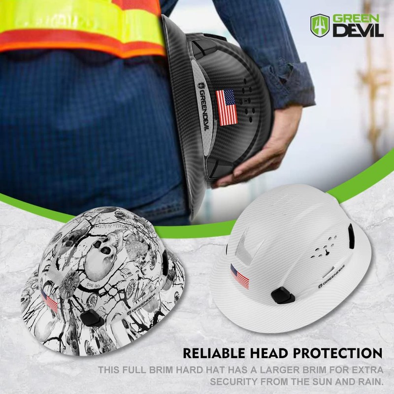 GREEN DEVIL Full Brim Hard Hat Vented Construction Safety Helmet